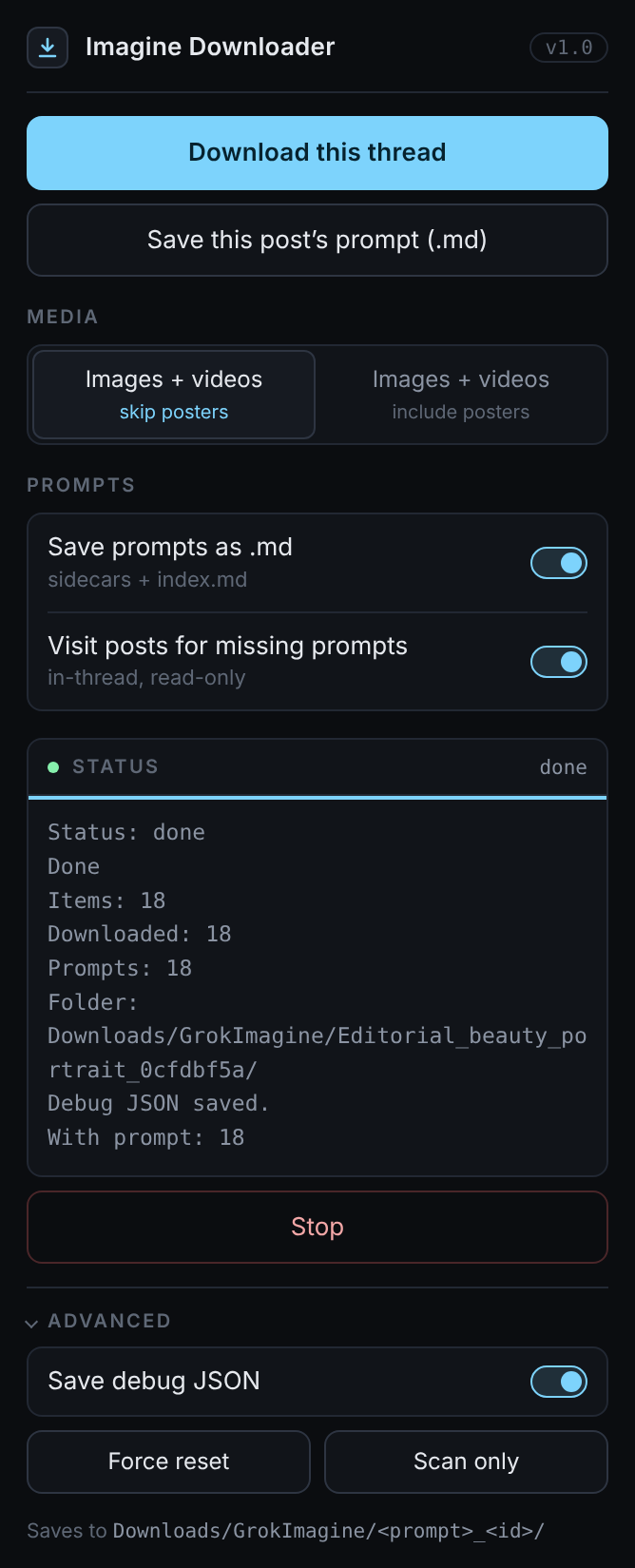 Extension popup after a finished run: 18 items downloaded with prompts, folder path shown