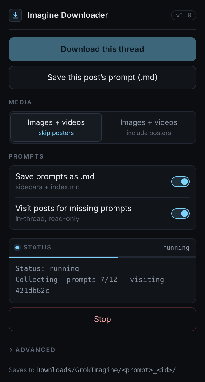 Extension popup mid-run: status running, progress bar at prompts 7 of 12